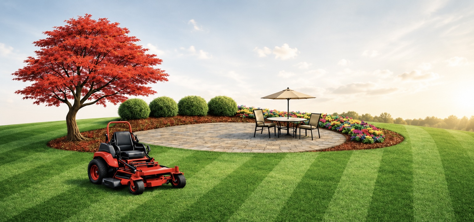 Striped emerald lawn with a red Japanese maple, a paver patio set with a table and umbrella, and a curved flower bed