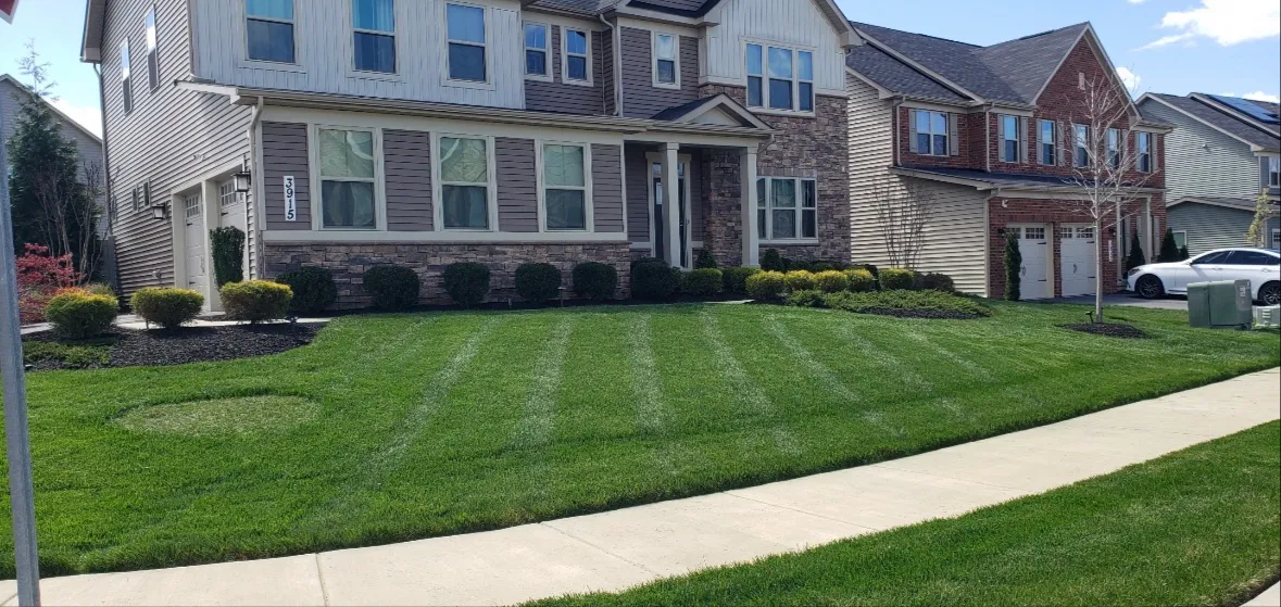 Freshly striped front lawn at a large suburban DMV home